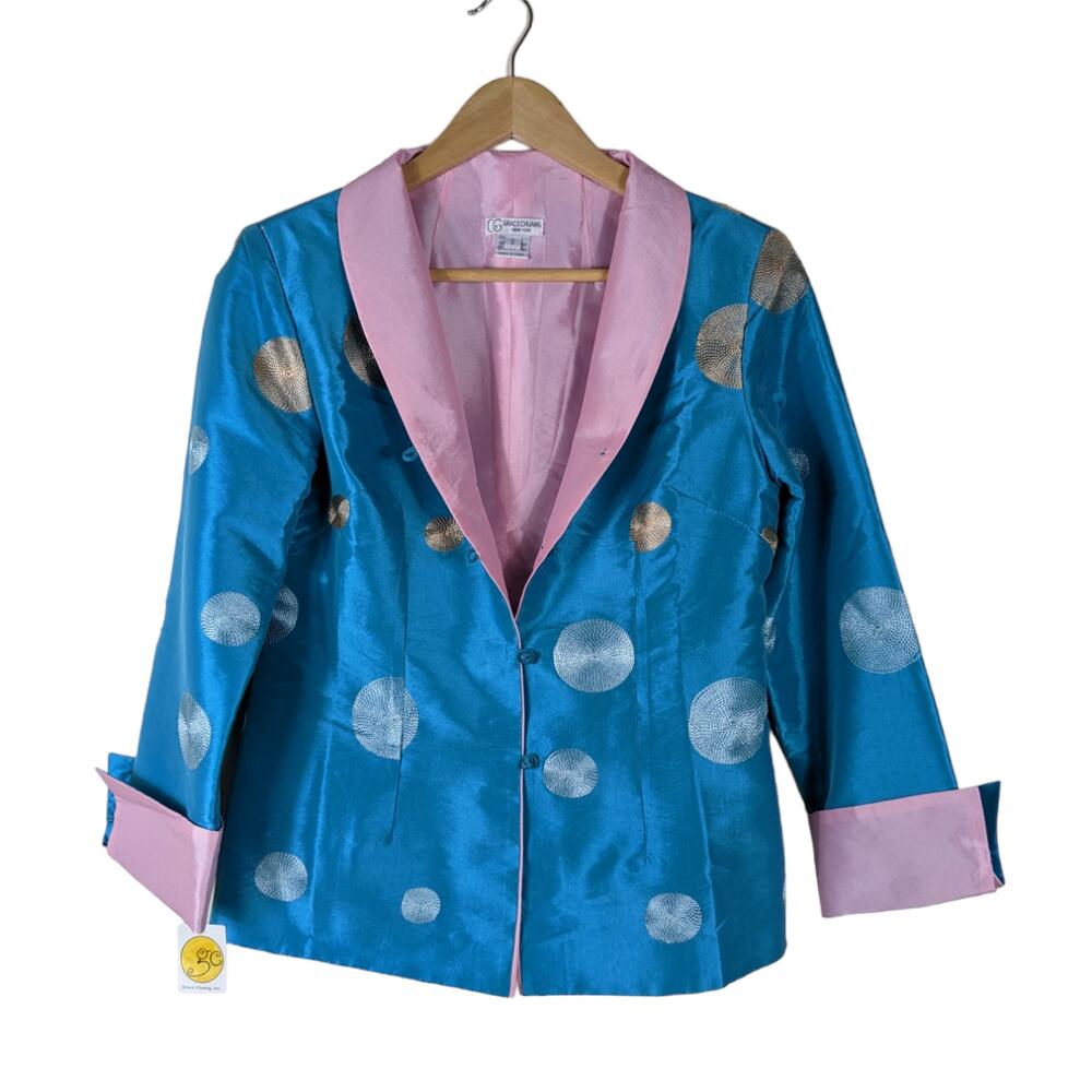 Grace Chuang Jacket Small Blue Pink Circle Pattern Shawl Collar Formal Eclectic